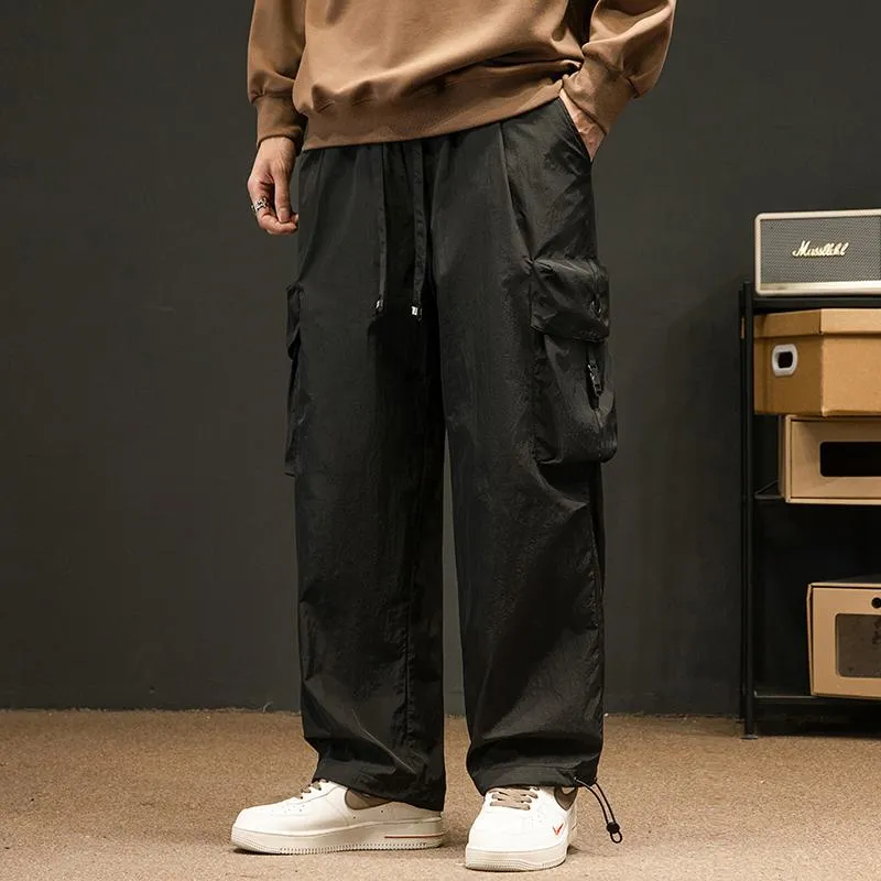 Elasticity Solid Color Tapered Versatile Bellows Pocket Loose Fit Cargo Pants