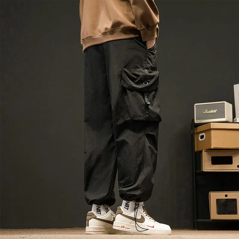 Elasticity Solid Color Tapered Versatile Bellows Pocket Loose Fit Cargo Pants