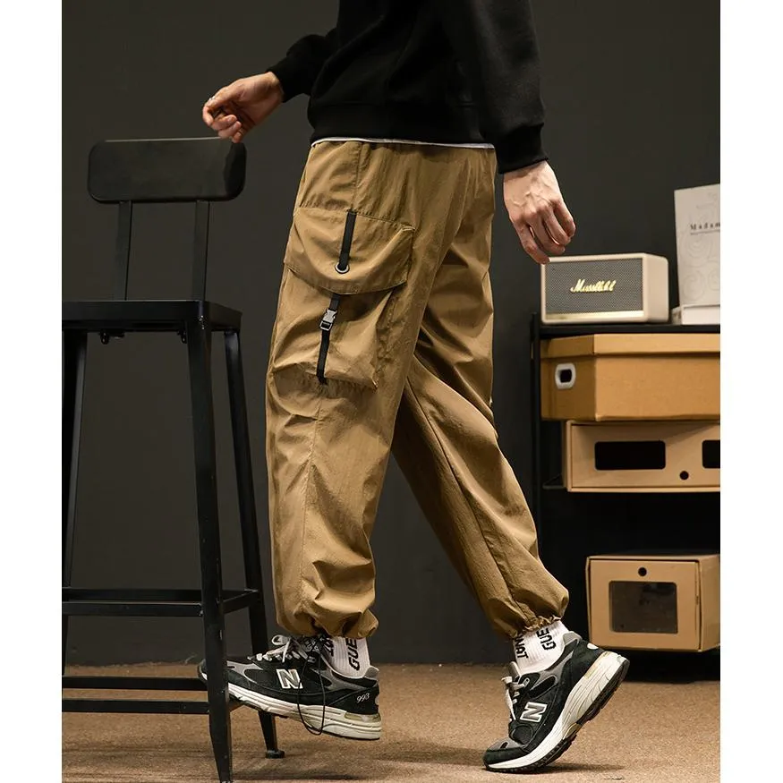 Elasticity Solid Color Tapered Versatile Bellows Pocket Loose Fit Cargo Pants