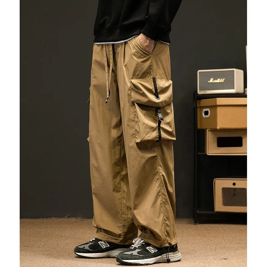 Elasticity Solid Color Tapered Versatile Bellows Pocket Loose Fit Cargo Pants