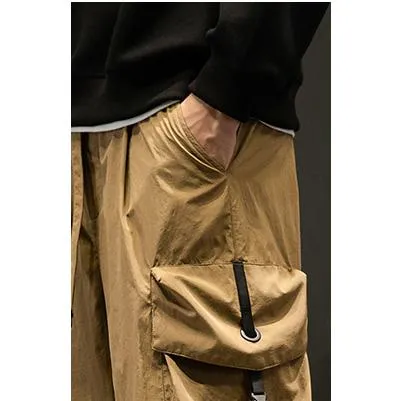 Elasticity Solid Color Tapered Versatile Bellows Pocket Loose Fit Cargo Pants