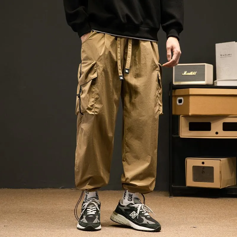 Elasticity Solid Color Tapered Versatile Bellows Pocket Loose Fit Cargo Pants