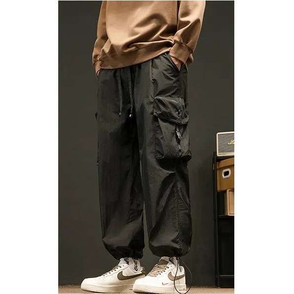 Elasticity Solid Color Tapered Versatile Bellows Pocket Loose Fit Cargo Pants