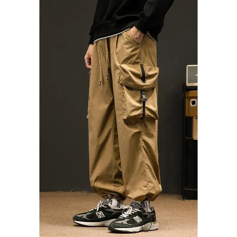 Elasticity Solid Color Tapered Versatile Bellows Pocket Loose Fit Cargo Pants