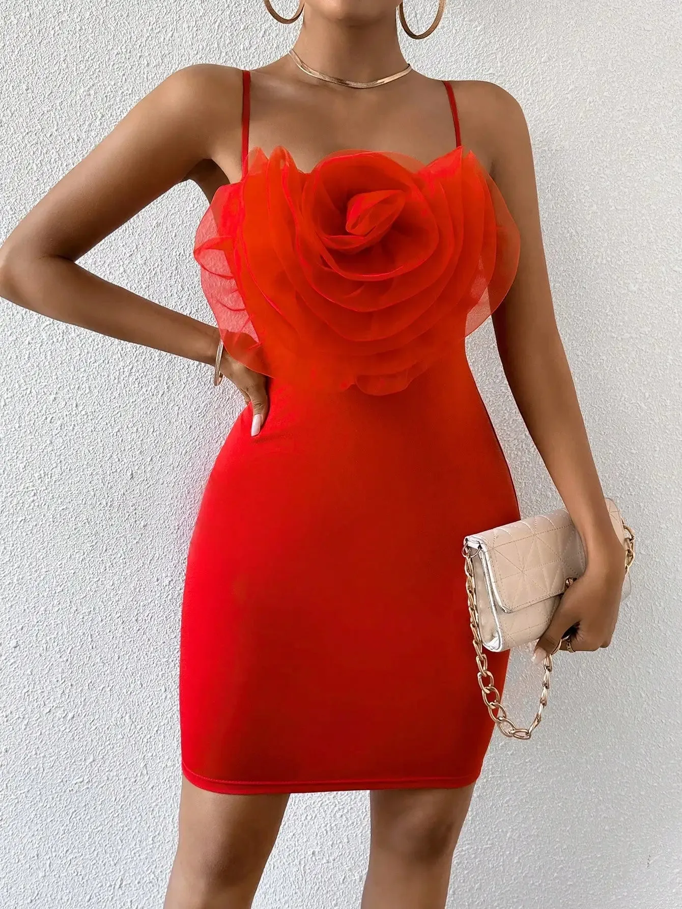 Floral Cami Braces Backless Red Christmas Party Dress