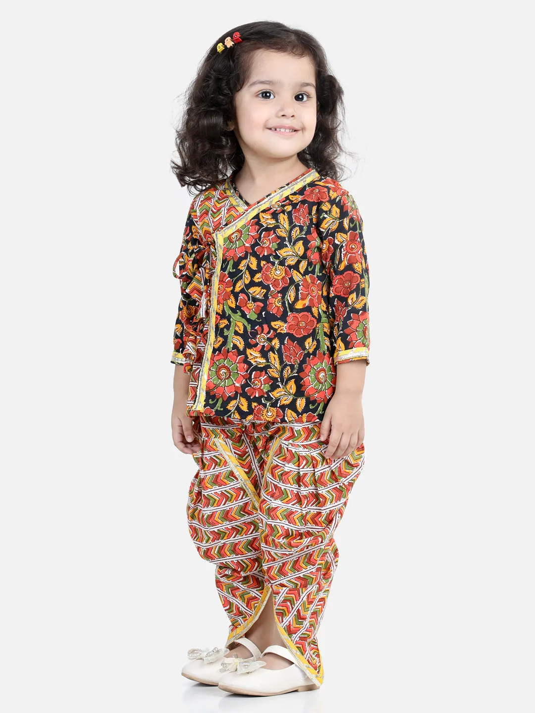 Front Open Pure Cotton Angrakha Top with Harem pant Co Ords Indo Western Clothing Sets- Black