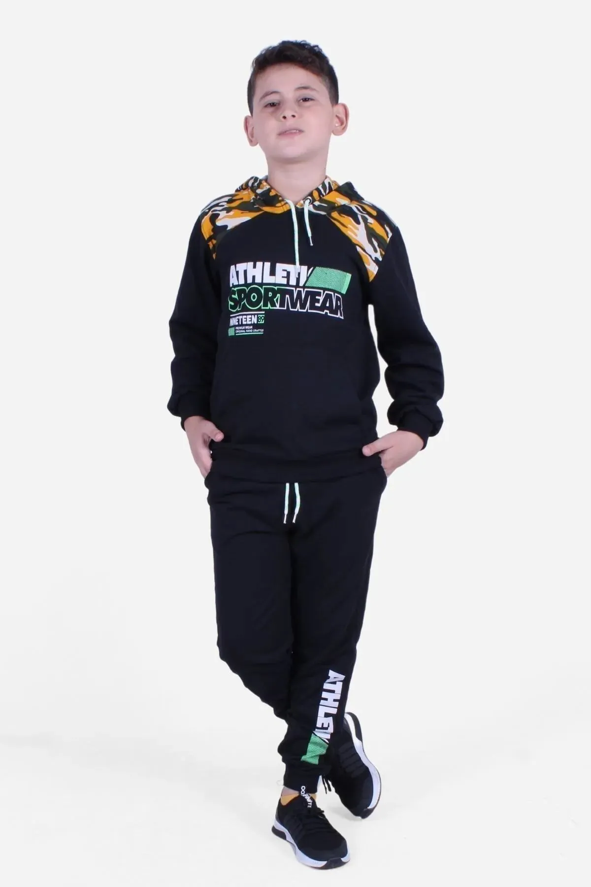 Fyk Kids Boy's Black Yellow Pocket Camouflage Patterned Hooded Tracksuit