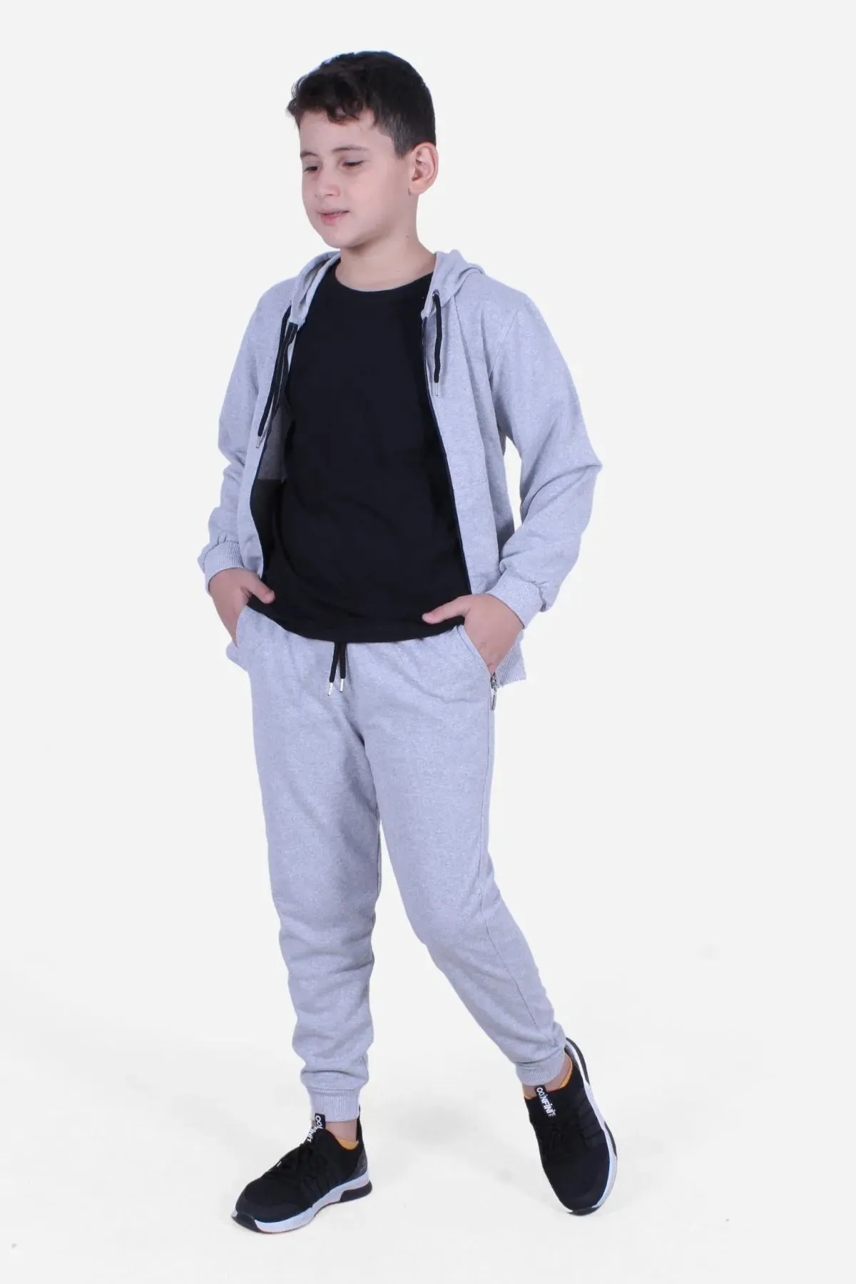 Fyk Kids Boy's Grey Black Zippered Basic T-shirt 2 Pack Tracksuit