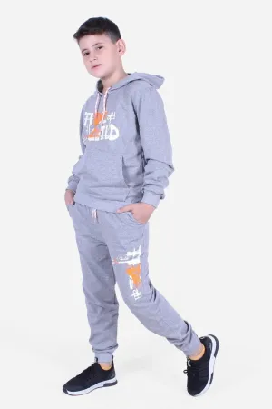 Fyk Kids Boy's Grey Printed Kangaroo Pocket Tracksuit