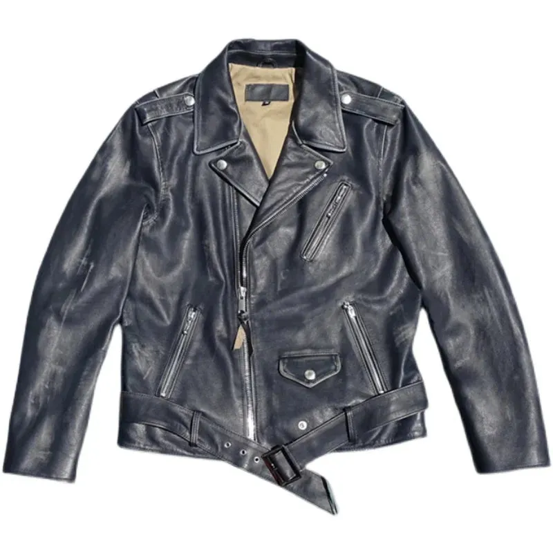 Genuine Leather Jacket for Men - Distressed Motorcycle Style with Belt