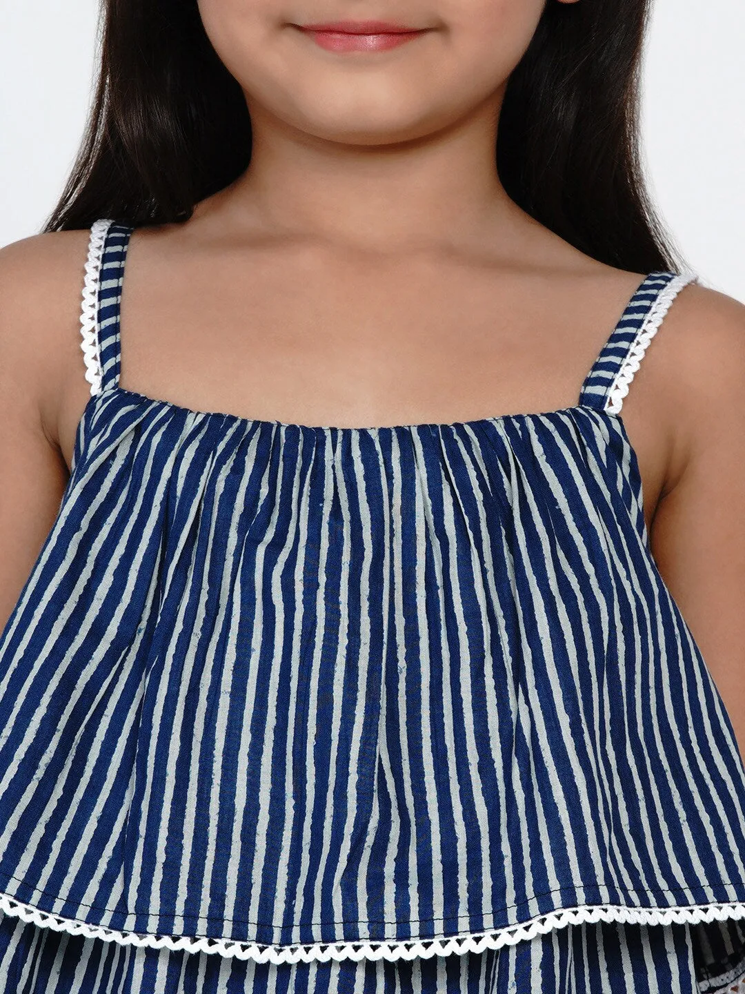 Girls Blue & White Striped Top With Capris