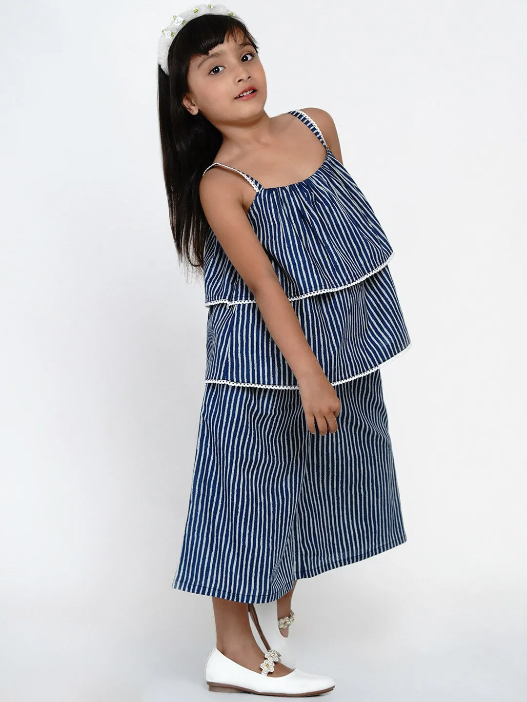 Girls Blue & White Striped Top With Capris