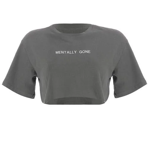 Gray Loose Letter Embroidery Korean Style Crop Top Short Sleeve O-Neck Tees