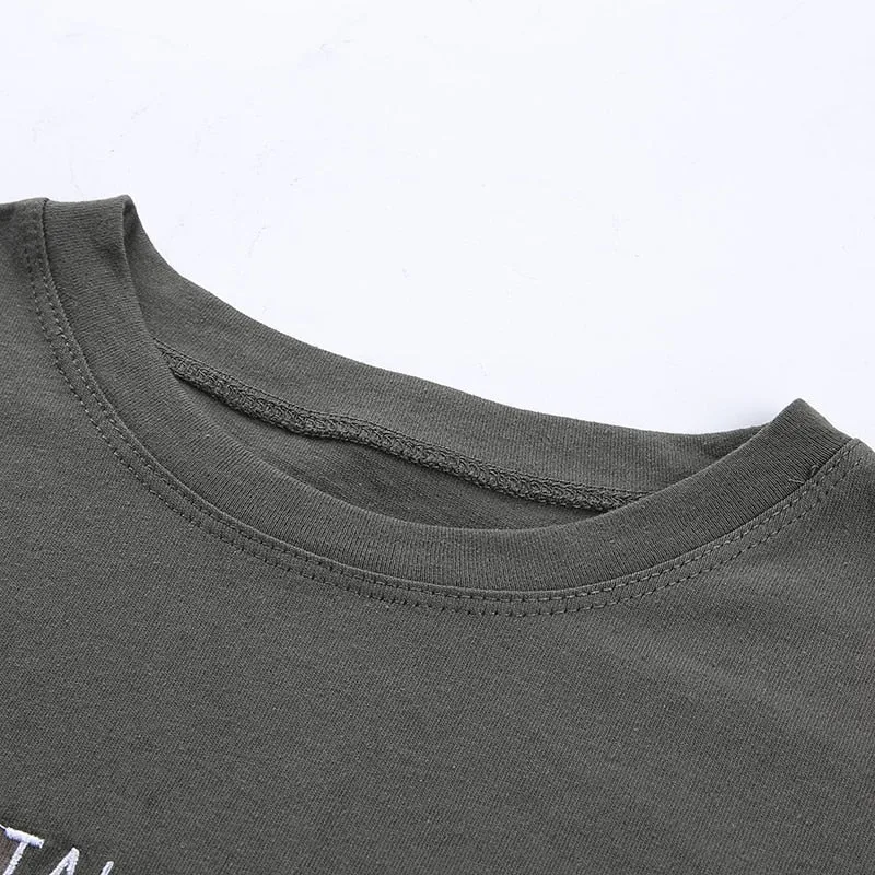 Gray Loose Letter Embroidery Korean Style Crop Top Short Sleeve O-Neck Tees