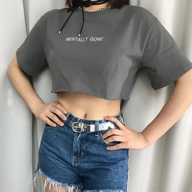 Gray Loose Letter Embroidery Korean Style Crop Top Short Sleeve O-Neck Tees