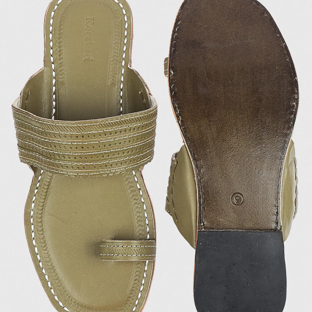 Green Handstitched Leather Kolhapuri Men Slipper