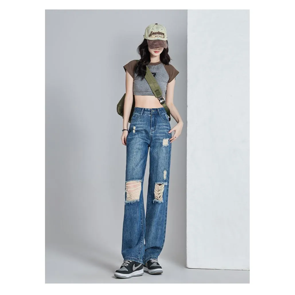 High-Waisted Thin Distressed Loose Fit Straight Leg Jeans