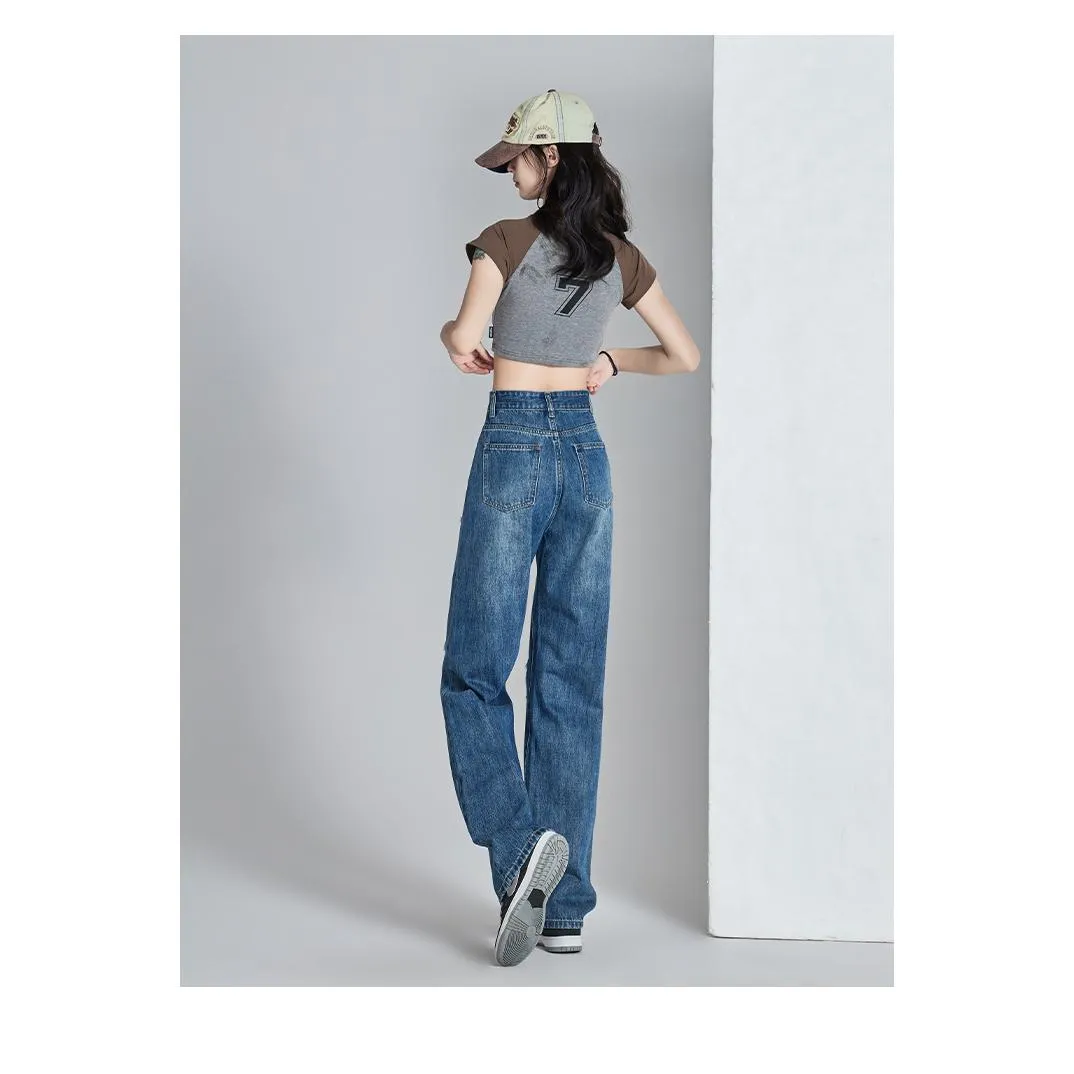 High-Waisted Thin Distressed Loose Fit Straight Leg Jeans