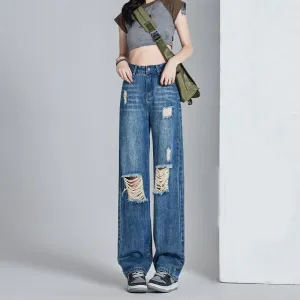 High-Waisted Thin Distressed Loose Fit Straight Leg Jeans