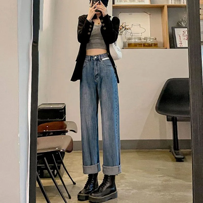 High-Waisted Wide-Leg Straight Floor-Length Jeans