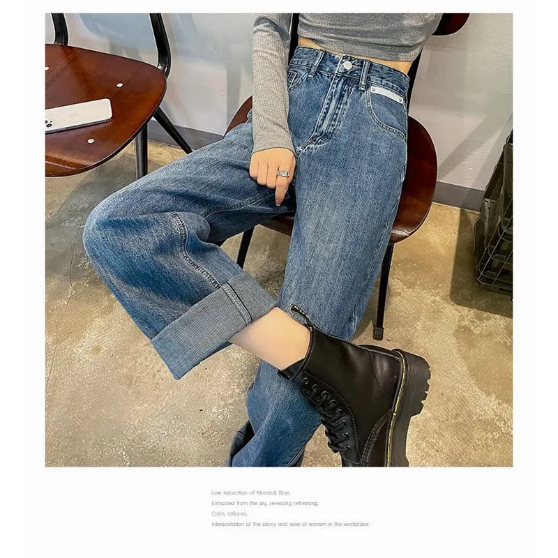 High-Waisted Wide-Leg Straight Floor-Length Jeans