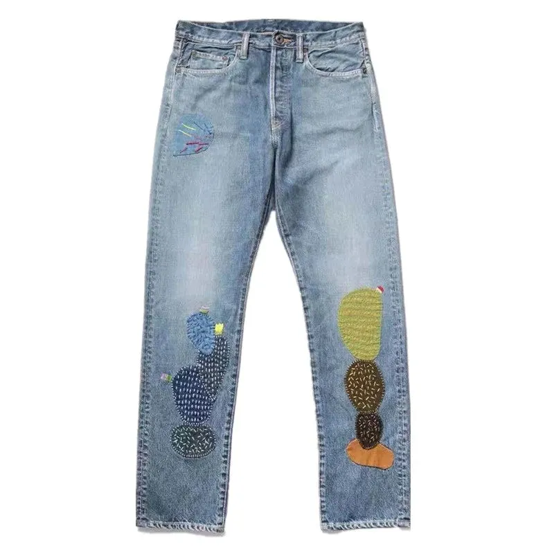 Hirata and Hiroshi Splice Fabric Wash Water Patch Embroidery Trendy Boot Cut Jeans