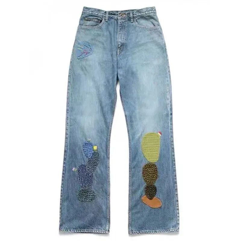 Hirata and Hiroshi Splice Fabric Wash Water Patch Embroidery Trendy Boot Cut Jeans