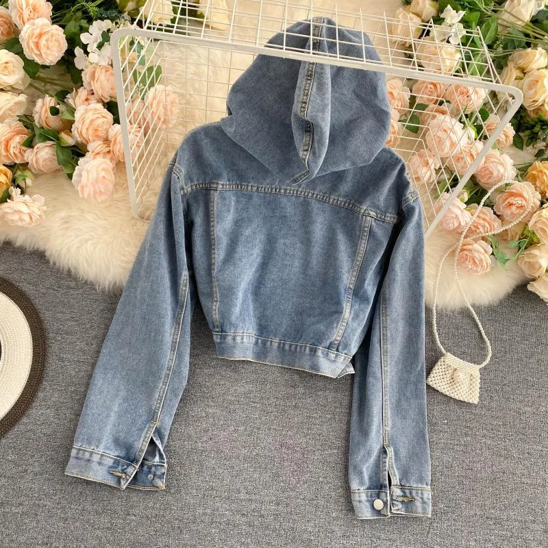 Hooded Denim Jacket Women Single Breasted Solid Short Vintage Overcoat