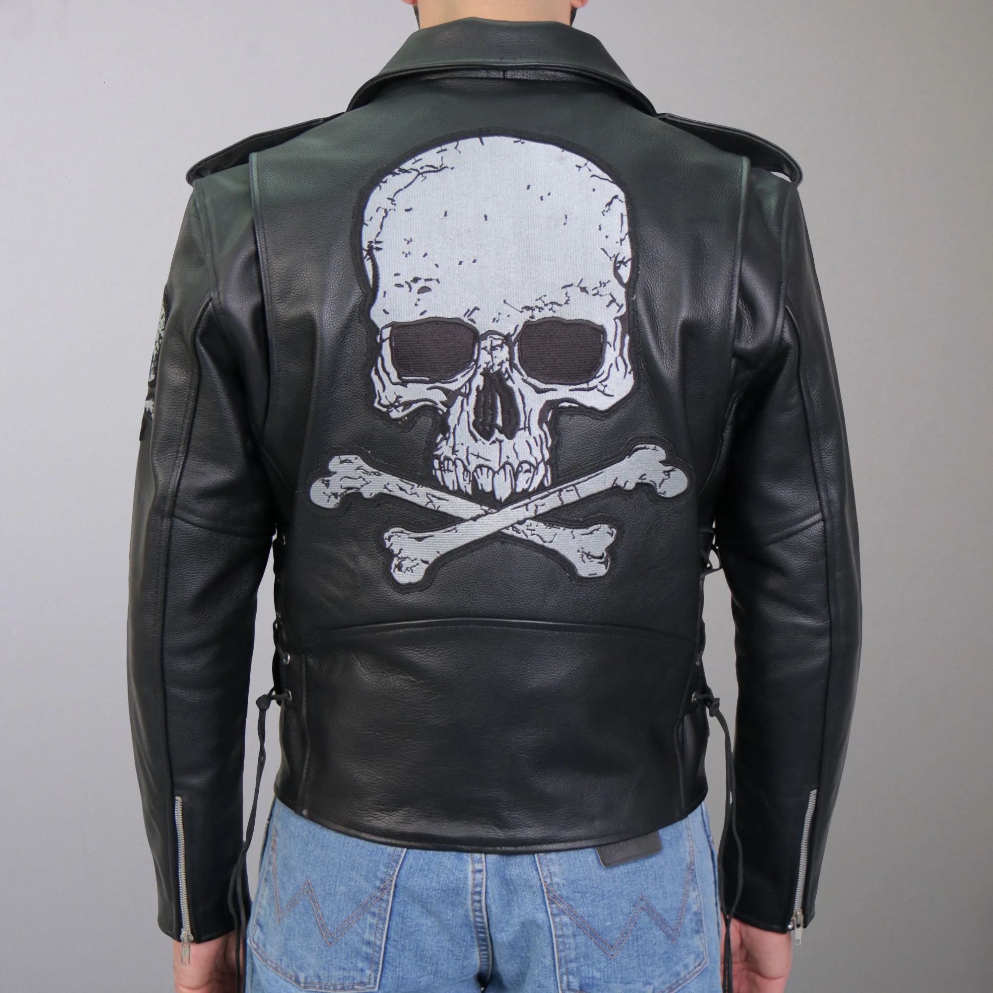 Hot Leathers JKM2001 Men’s Black ‘Skull And Crossbones' Motorcycle Leather Biker Jacket