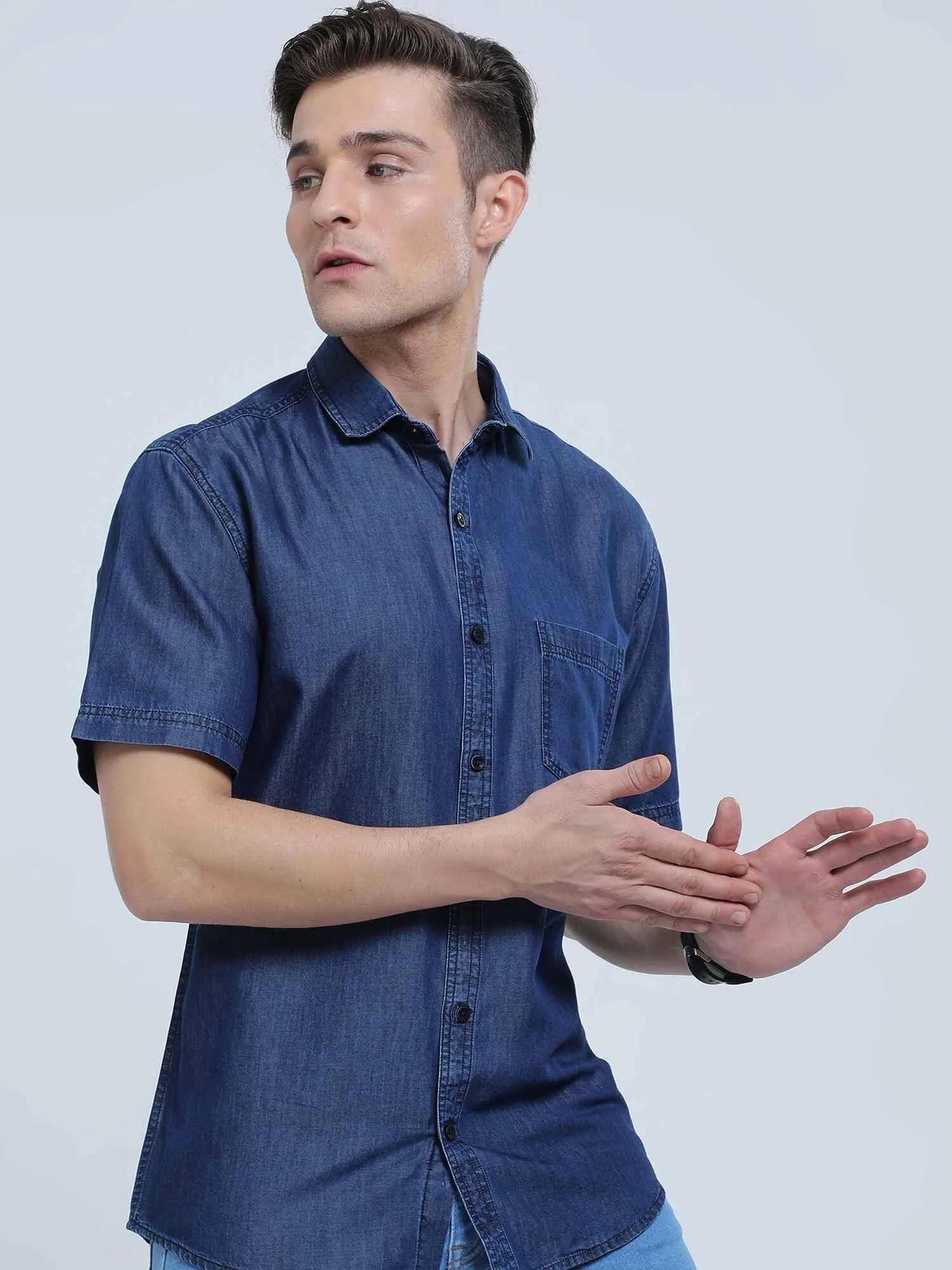 Indigo Denim Single Pocket Half Sleeve Shirt