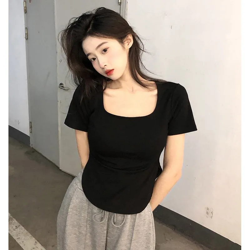 Irregular Solid Color V-Neck Slim-Fit Slimming Short Sleeve Tee