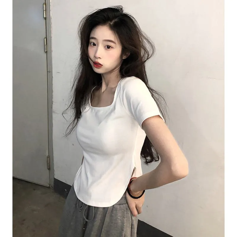 Irregular Solid Color V-Neck Slim-Fit Slimming Short Sleeve Tee