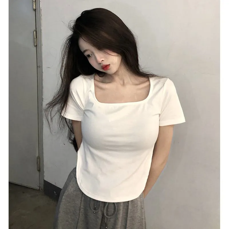 Irregular Solid Color V-Neck Slim-Fit Slimming Short Sleeve Tee