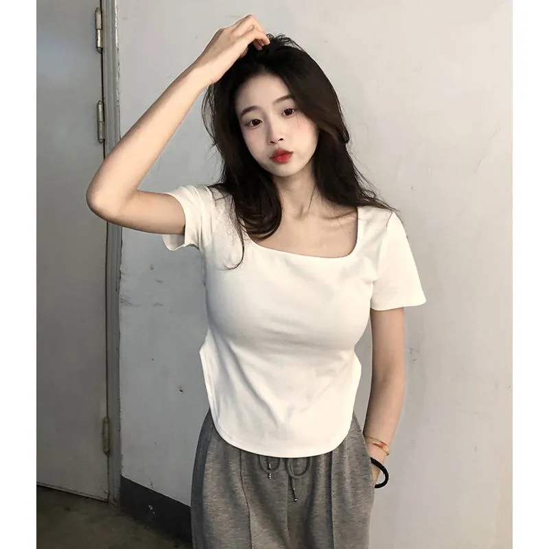 Irregular Solid Color V-Neck Slim-Fit Slimming Short Sleeve Tee