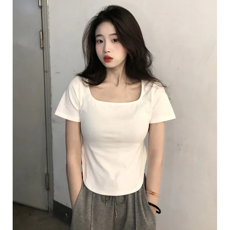 Irregular Solid Color V-Neck Slim-Fit Slimming Short Sleeve Tee