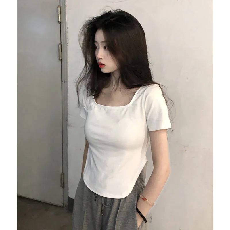 Irregular Solid Color V-Neck Slim-Fit Slimming Short Sleeve Tee