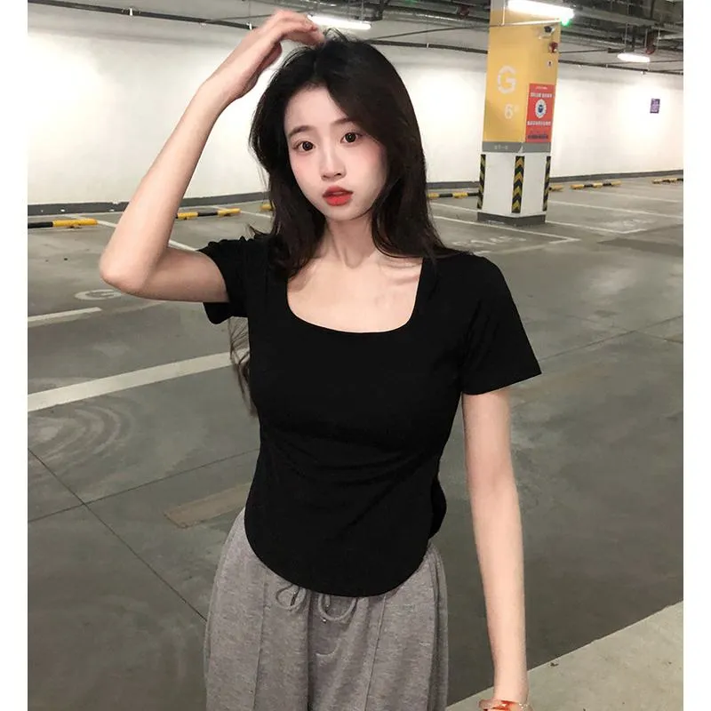 Irregular Solid Color V-Neck Slim-Fit Slimming Short Sleeve Tee