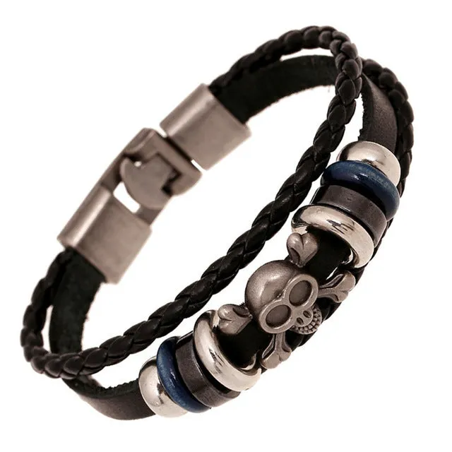 Jiayiqi Vintage Star Anchor Skull Bead Bracelet Woven Punk Leather Bracelet For Men Jewelry Hip-hop Multilayer Braid Wrap Bangle