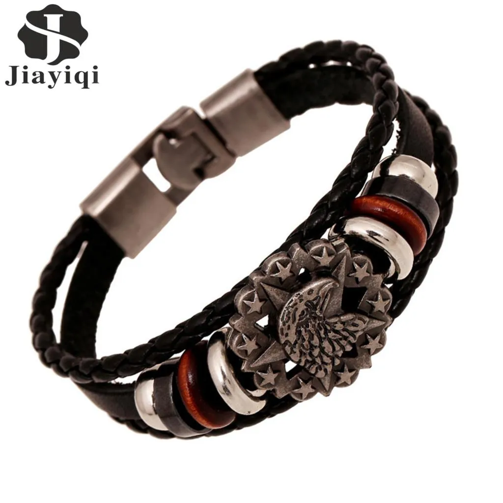 Jiayiqi Vintage Star Anchor Skull Bead Bracelet Woven Punk Leather Bracelet For Men Jewelry Hip-hop Multilayer Braid Wrap Bangle