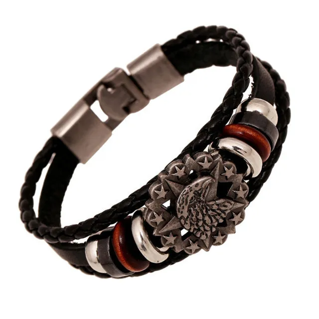 Jiayiqi Vintage Star Anchor Skull Bead Bracelet Woven Punk Leather Bracelet For Men Jewelry Hip-hop Multilayer Braid Wrap Bangle