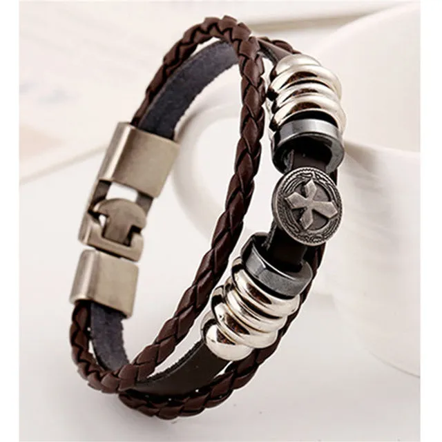 Jiayiqi Vintage Star Anchor Skull Bead Bracelet Woven Punk Leather Bracelet For Men Jewelry Hip-hop Multilayer Braid Wrap Bangle