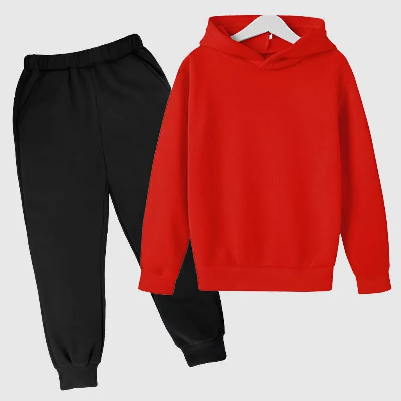 Kids Custom Design Loose Fitting Solid Color Fleece Hoodie and Pants Two-piece Outfit Set