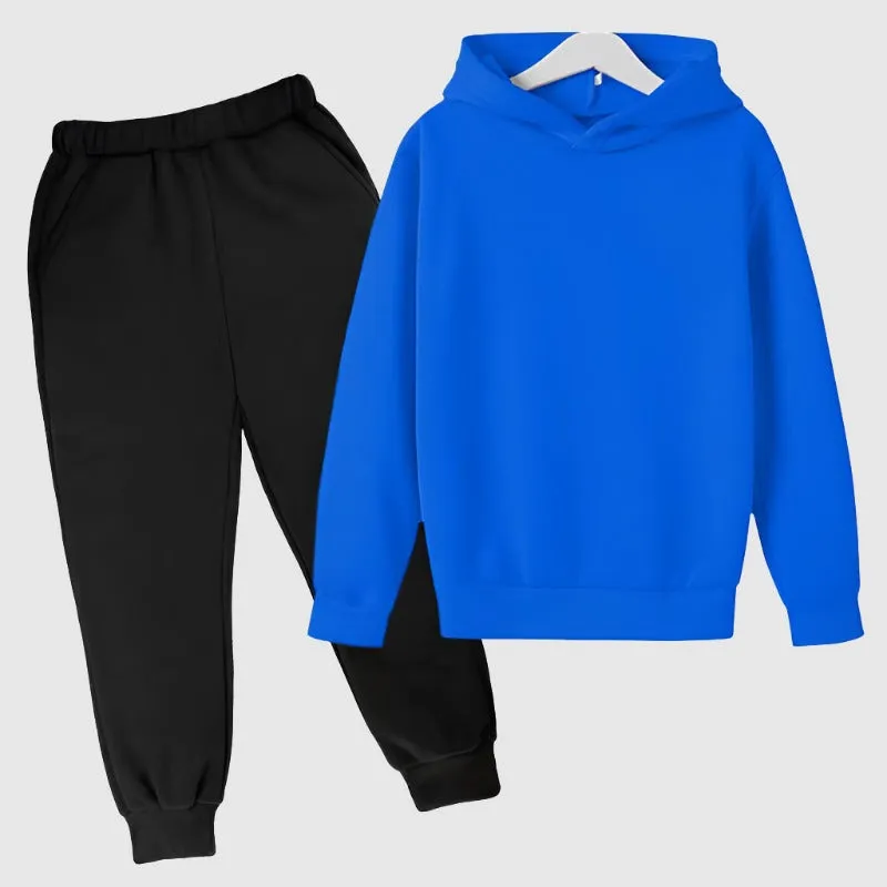 Kids Custom Design Loose Fitting Solid Color Fleece Hoodie and Pants Two-piece Outfit Set