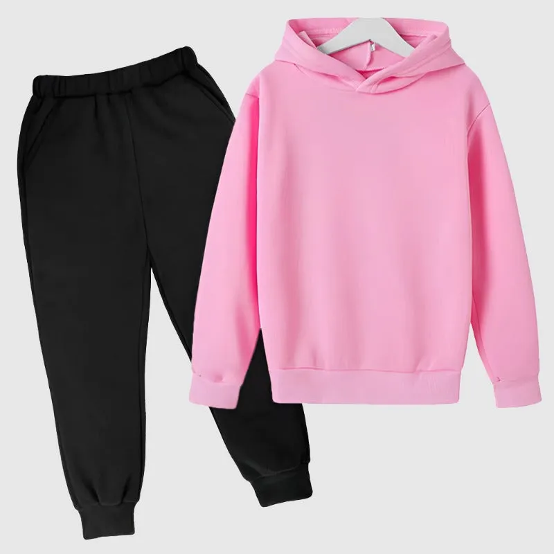 Kids Custom Design Loose Fitting Solid Color Fleece Hoodie and Pants Two-piece Outfit Set