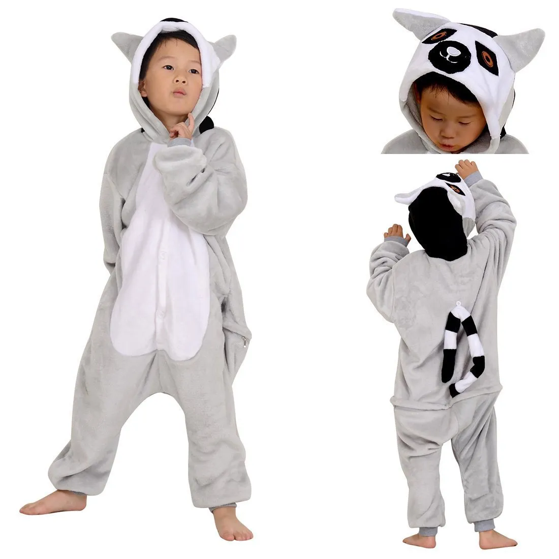 Kids Long Tail Lemur Kigurumi Pajamas Onesies Costume