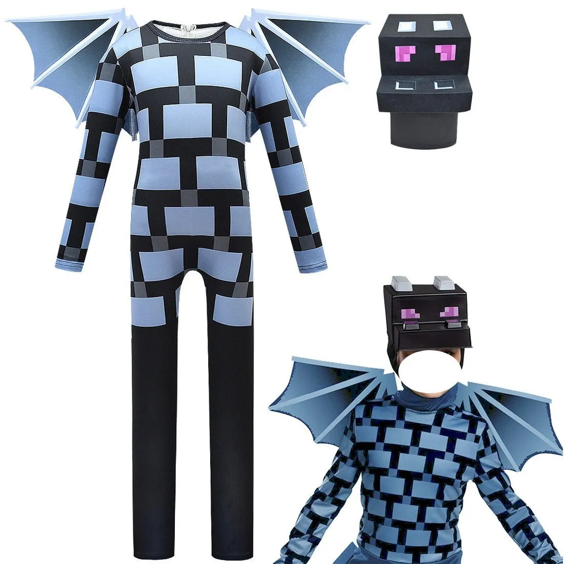 Kids Minecraft Ender Dragon Cosplay Costume Halloween jumpsuits onesies with Wings