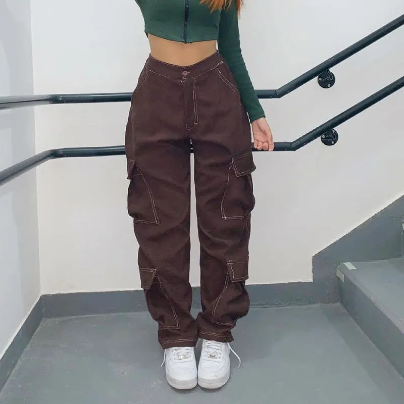 KittenAlarm - Women Spring Fashion Vintage Brown High Waist Cargo Pants Women Fashion Big Pockets Y2k Patchwork Baggy Jeans Women Harajuku Trousers Streetwear