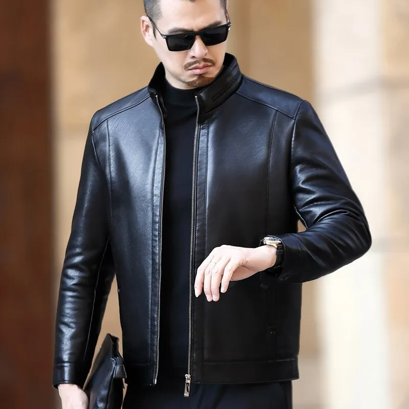 Leather Jacket Men Stand-up Collar Casual Fur One-piece Men