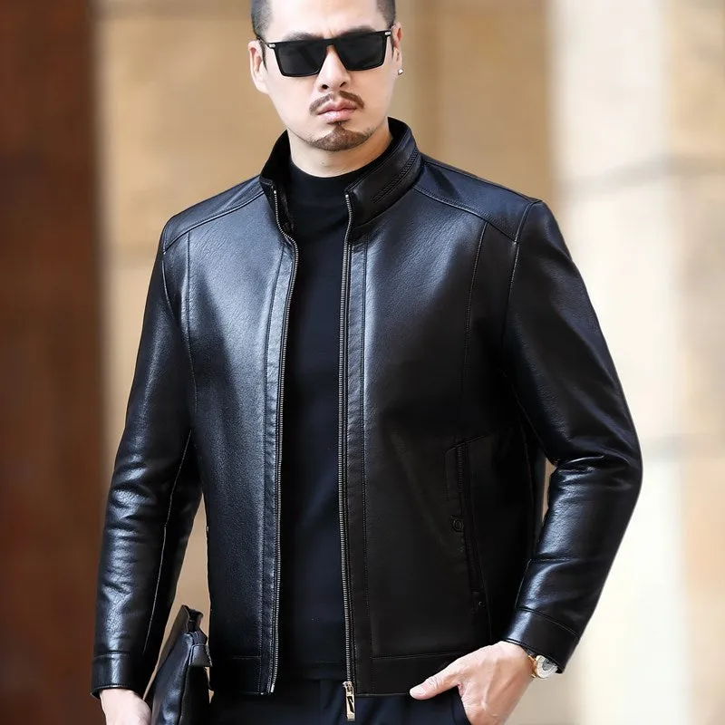 Leather Jacket Men Stand-up Collar Casual Fur One-piece Men