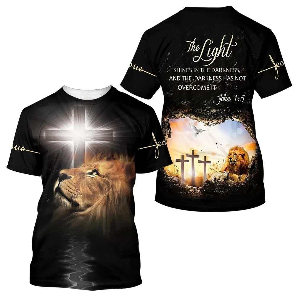 Lion Cross The Light Shines In The Darkness 3d T-Shirts - Christian Shirts For Men&Women